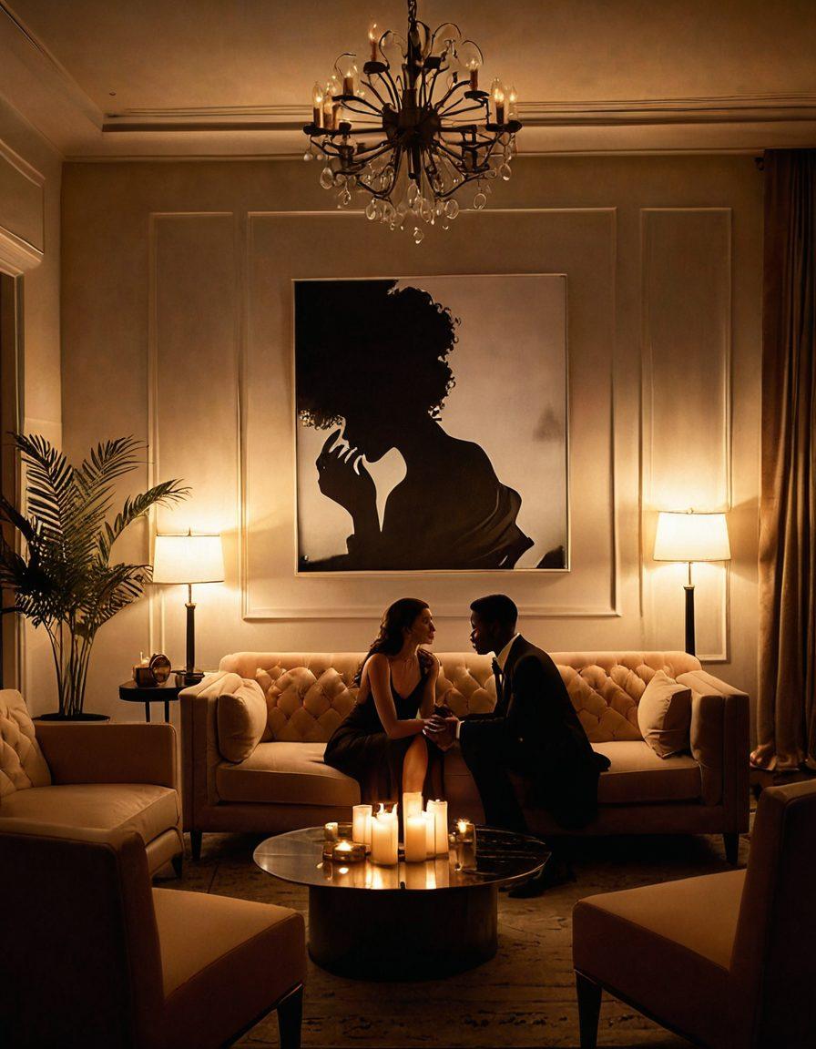 A visually alluring scene depicting an intimate, softly-lit lounge filled with elegant decor, where two silhouettes share a moment of connection. Warm tones enhance the atmosphere, with candles flickering and plush furniture inviting relaxation. Subtle hints of sensuality are woven throughout the composition, creating an air of passion and allure. The overall mood should exude sophistication and intimacy. super-realistic. warm colors. soft focus.